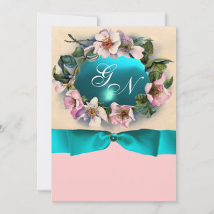 CONVITES ROSAS SELVAGENS COM FITA AZUL ESCURO, MONOGRAMA