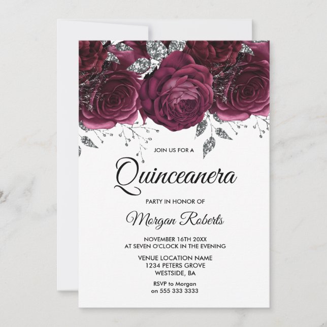 Convites Rosas Silver Floral Quinceanera (Frente)