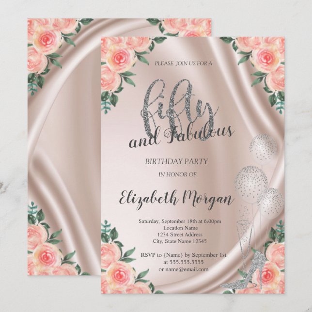 Convites Rosas Silver High Heels 50ª Festa de aniversário (Frente/Verso)