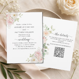 Convites Rosas Soft Blush Tudo em Um Código QR Casamento 