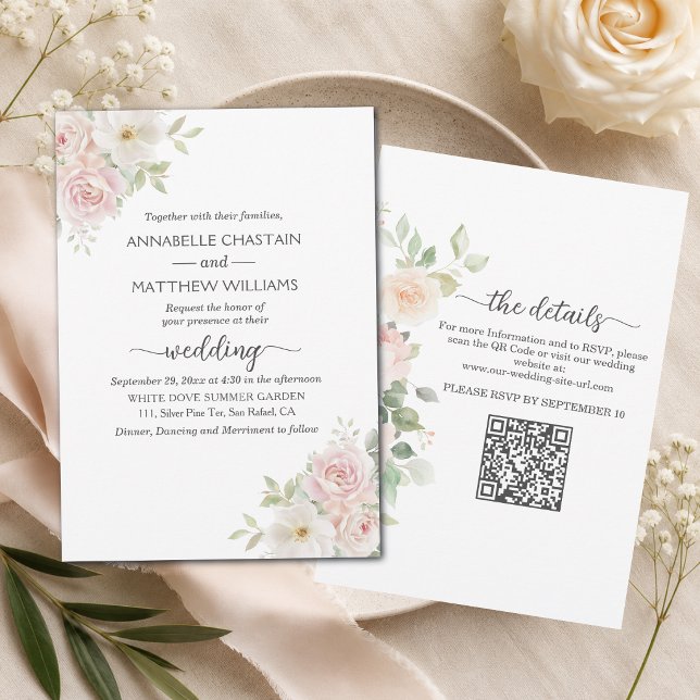 Convites Rosas Soft Blush Tudo em Um Código QR Casamento  (Criador carregado)