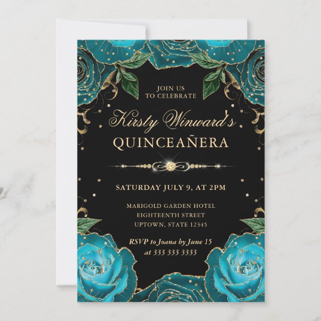 Convites Rosas Teal e Douradas Floral Quinceanera (Frente)