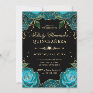 Convites Rosas Teal e Douradas Floral Quinceanera