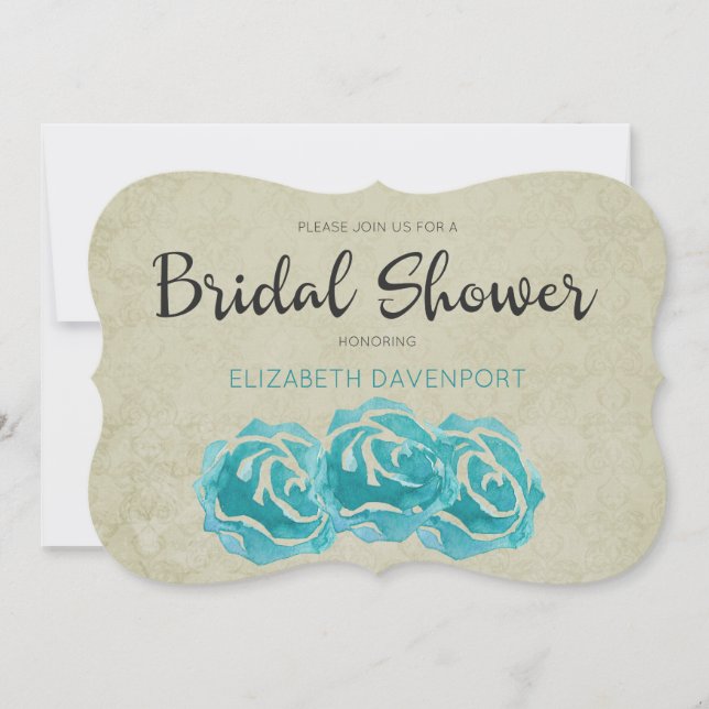 Convites Rosas Teal em Aquarela em Bridal Shower com Damask (Frente)