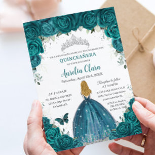 Convites Rosas Teal Florais Loira Princesa Quinceanera 16º