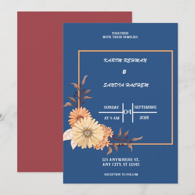 Convites Rosas Terrenos Laranja Marinho Azul Casamento (Frente/Verso)