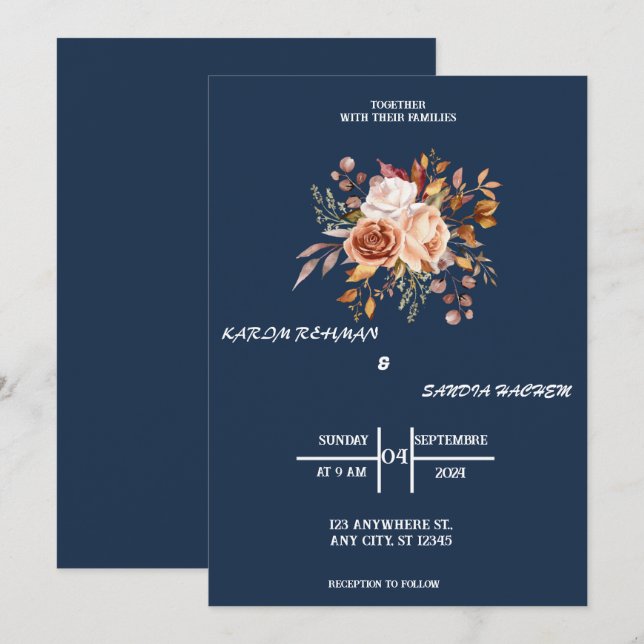 Convites Rosas Terrenos Laranja Marinho Azul Casamento (Frente/Verso)