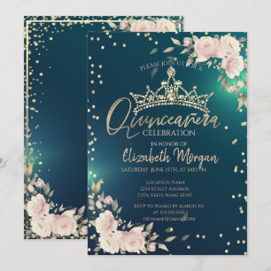 Convites Rosas, Tiara Dourada, Diamantes Verde Quinceañera