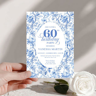 Convites Rosas Toile Azul Empoeirado Aniversário de 60 anos