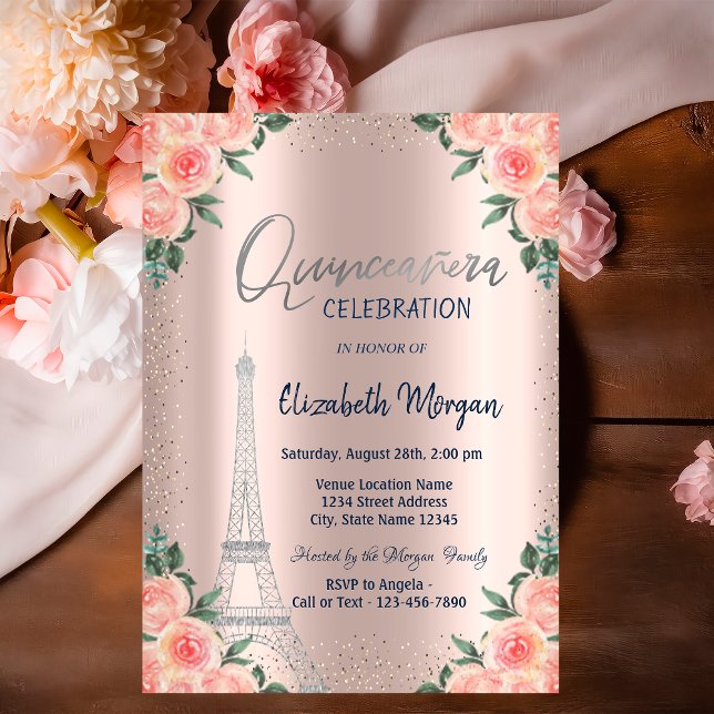 Convites Rosas,Torre Eiffel,Flores,Rosa Dourada Quinceañera (Criador carregado)