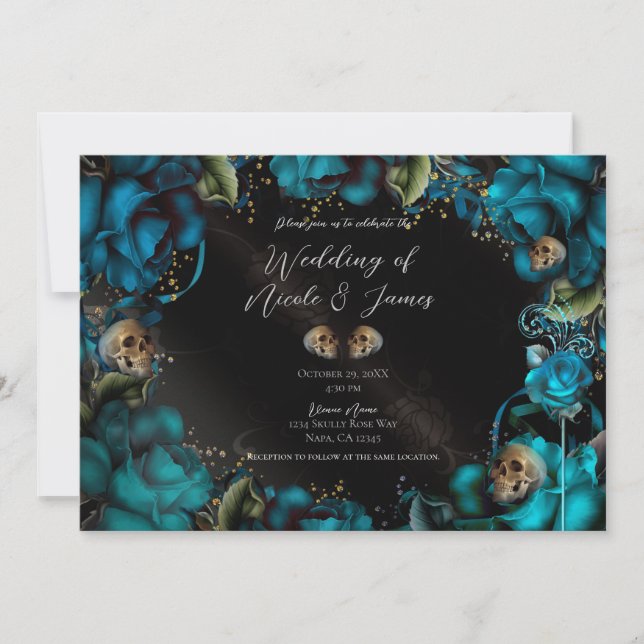 Convites Rosas Turquesa Azul-esverdeado Caveiras Casamento  (Frente)