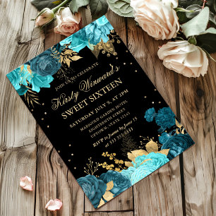 Convites Rosas Turquesa e Douradas Floral Sweet Sixteen