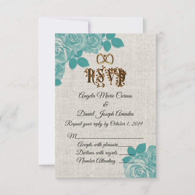 Convites Rosas turquesa em RSVP de casamento de linho (Frente)