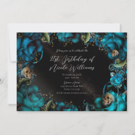 Convites Rosas Turquesa Gótico Crânios Festa de Aniversário