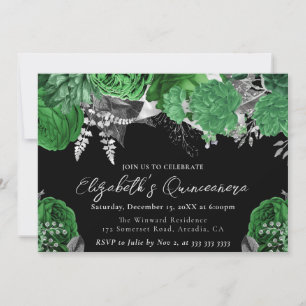Convites Rosas Verde e Prata em Aquarela Quinceanera