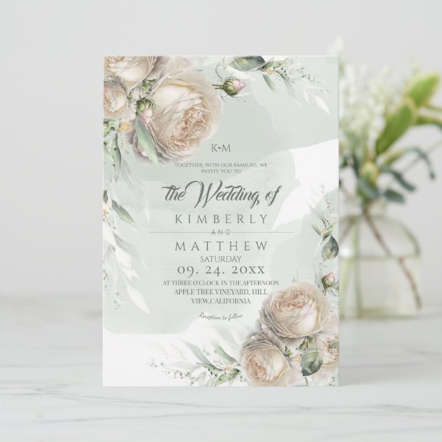 Convites Rosas Verde Salvia Folhagem Casamento (Em pé/Frente)