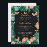 Convites Rosas verdes Borboletas Douradas pretas Doce 16<br><div class="desc">Elegante Vintage Emerald Green Rosas Borboletas Black Dourado Sweet 16 Aniversário Convite</div>