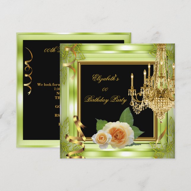 Convites Rosas verdes douradas elegantes de aniversário com (Frente/Verso)