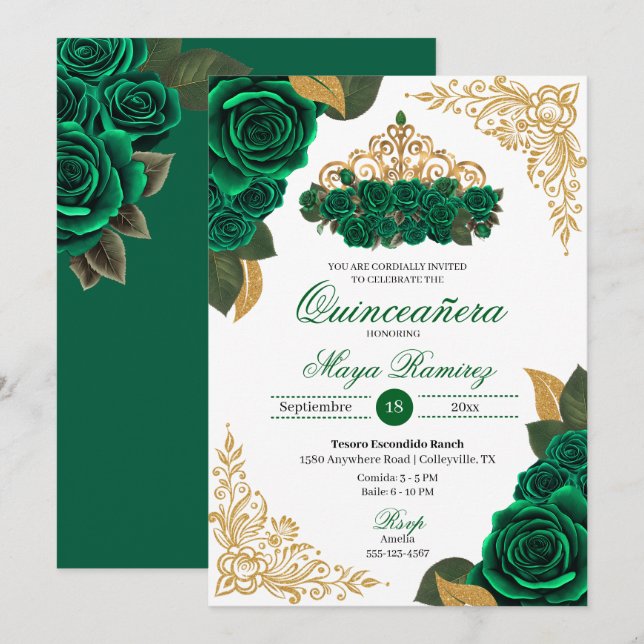 Convites Rosas Verdes Douradas Frames Tiara Quinceañera (Frente/Verso)