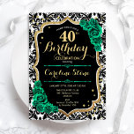 Convites Rosas verdes, Dourado, aniversário de 40 anos<br><div class="desc">Convite de festas aniversário de 40 anos. Elegante design verde-esmeralda floral com ouro e rosas brilhantes falsos. Apresenta cor damasco preta e branca e fonte de script. Perfeito para uma comemoração de dia das mulheres na moda. Pode ser personalizado para qualquer idade! Impressos convites Zazzle ou modelo de impressão digital...</div>