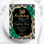 Convites Rosas verdes Dourados Damasco Negro 50º aniversári<br><div class="desc">Convite de festas aniversário de 40 anos. Elegante design verde-esmeralda floral com ouro e rosas brilhantes falsos. Apresenta cor damasco preta e branca e fonte de script. Perfeito para uma comemoração de dia das mulheres na moda. Pode ser personalizado para qualquer idade! Impressos convites Zazzle ou modelo de impressão digital...</div>