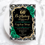 Convites Rosas verdes Dourados Damasco preto 60º aniversári<br><div class="desc">60º Convite de aniversário. Elegante design verde-esmeralda floral com ouro e rosas brilhantes falsos. Apresenta cor damasco preta e branca e fonte de script. Perfeito para uma comemoração de dia das mulheres na moda. Pode ser personalizado para qualquer idade! Impressos convites Zazzle ou modelo de impressão digital instantânea para download....</div>
