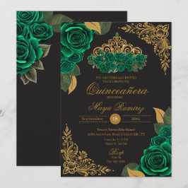 Convites Rosas Verdes Glitter Dourado Negro Tiara Quinceañe