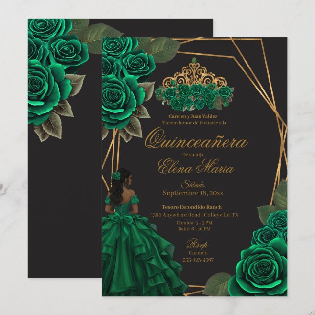 Convites Rosas verdes negros Dourada Princesa Quinceañera (Frente/Verso)