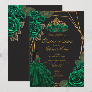 Convites Rosas verdes negros Dourada Princesa Quinceañera