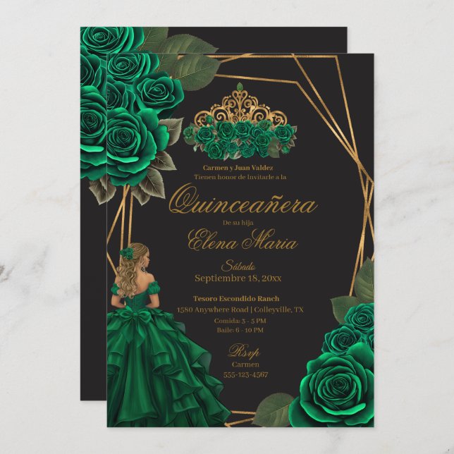 Convites Rosas verdes negros Dourada Princesa Quinceañera (Frente/Verso)