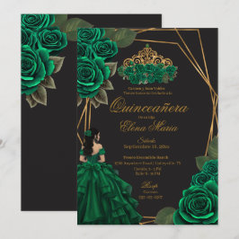 Convites Rosas verdes negros Dourada Princesa Quinceañera