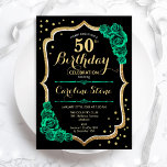 Convites Rosas verdes pretos Dourados 50º aniversário<br><div class="desc">50º Convite de aniversário. Elegante design verde esmeralda floral com ouro brilhante falso,  rosas e fontes de script. Perfeito para uma comemoração de dia das mulheres na moda. Pode ser personalizado para qualquer idade! Impressos convites Zazzle ou modelo de impressão digital instantânea para download.</div>