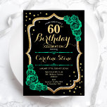 Convites Rosas verdes pretos Dourados 60º aniversário<br><div class="desc">60º Convite de aniversário. Elegante design verde esmeralda floral com ouro brilhante falso,  rosas e fontes de script. Perfeito para uma comemoração de dia das mulheres na moda. Pode ser personalizado para qualquer idade! Impressos convites Zazzle ou modelo de impressão digital instantânea para download.</div>