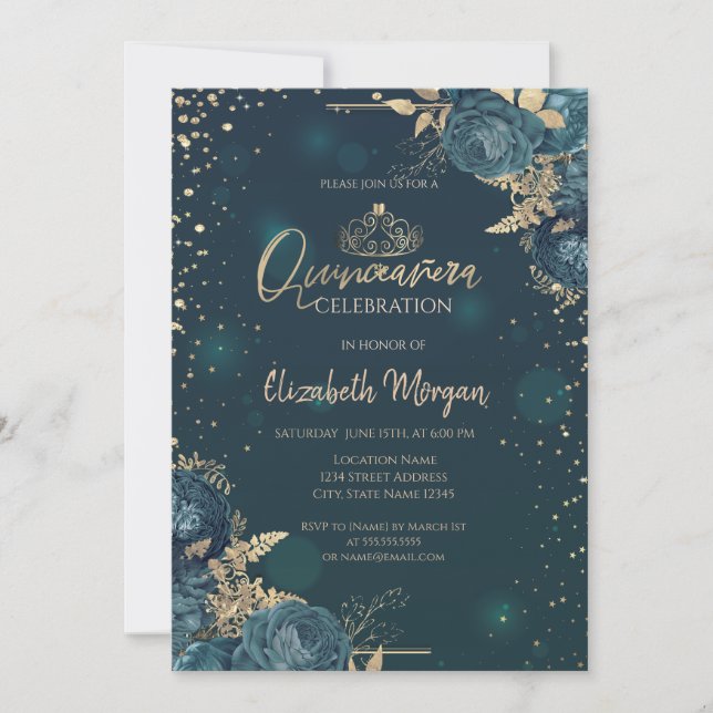Convites Rosas Verdes, Tiara Dourada, Diamantes Quinceañera (Frente)