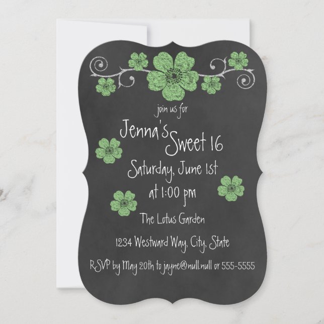 Convites Rosas Verdes Wild Mint Partido Chalkboard (Frente)