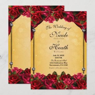 Convites Rosas Vermelhas Amarelas & Douradas Casamento Eleg