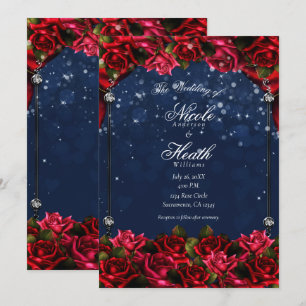 Convites Rosas Vermelhas Azul Marinho Dourado Encantado Flo