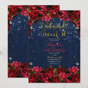 Convites Rosas Vermelhas Azul Marinho Dourado Enfeitiçado D
