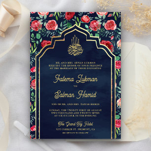 Convites Rosas Vermelhas Azul Marinho Dourado Floral Casame
