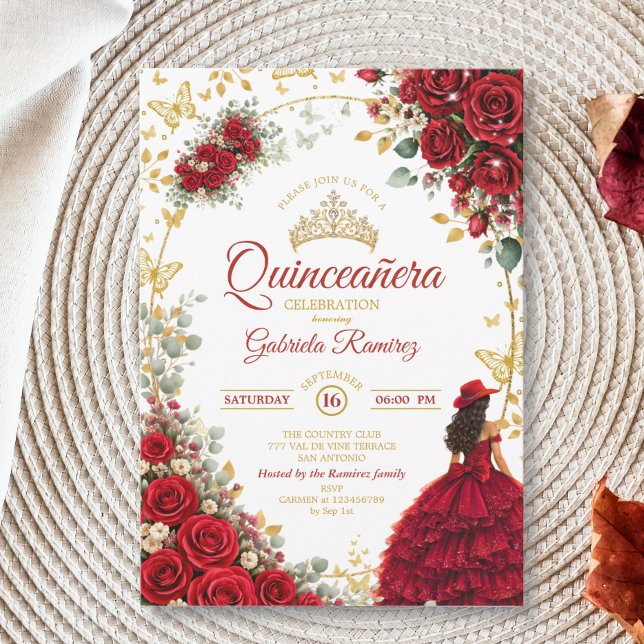 Convites Rosas Vermelhas Borboletas Douradas Quinceañera (Criador carregado)