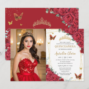 Convites Rosas Vermelhas Borboletas Douradas Quinceanera Fo
