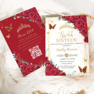 Convites Rosas Vermelhas Borboletas Douradas Sweet Sixteen