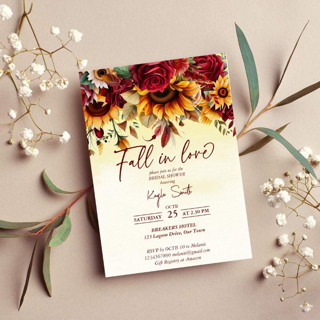 Convites Rosas vermelhas bordô girassóis noivado (Fall in love burgundy roses sunflowers bridal shower invitation template instant download)