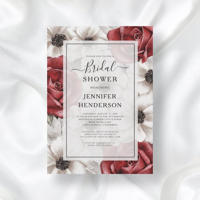 Convites Rosas vermelhas Borgonhetas Anemone Chá de panela  (Front Burgundy Red Roses Anemone Floral Bridal Shower Invitation)