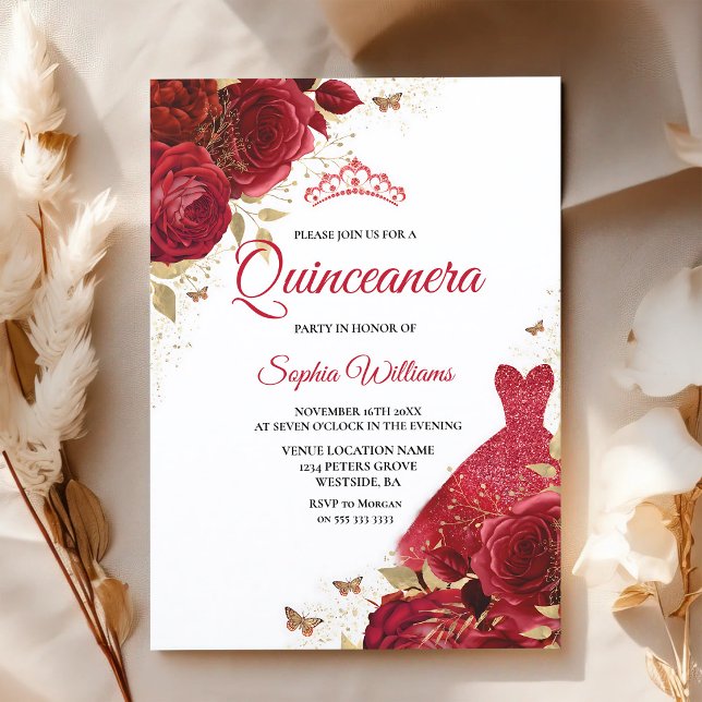 Convites Rosas Vermelhas Brilham Quinceanera (Criador carregado)