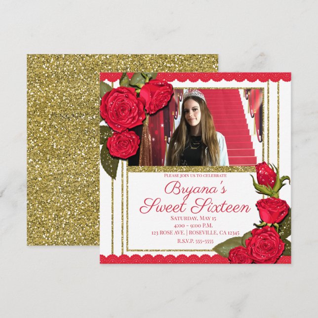 Convites Rosas Vermelhas Brilho Dourado Doce Festa de Anive (Frente/Verso)