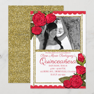 Convites Rosas Vermelhas Brilho Dourado Festa de Aniversári