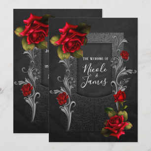 Convites Rosas Vermelhas Casamento Gótico Ornamentado Preto