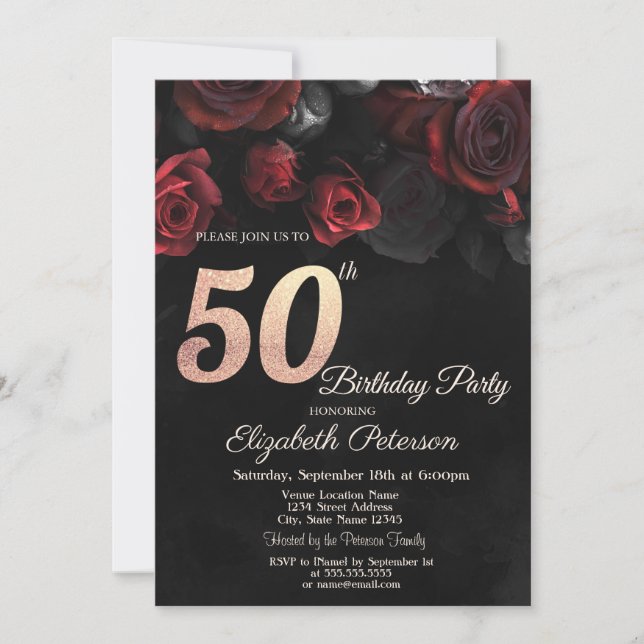 Convites Rosas Vermelhas Chic Pretas 50º Aniversário (Frente)