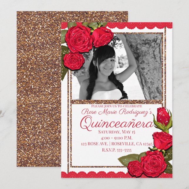 Convites Rosas Vermelhas com Brilho em Dourado Rosa Quincea (Frente/Verso)